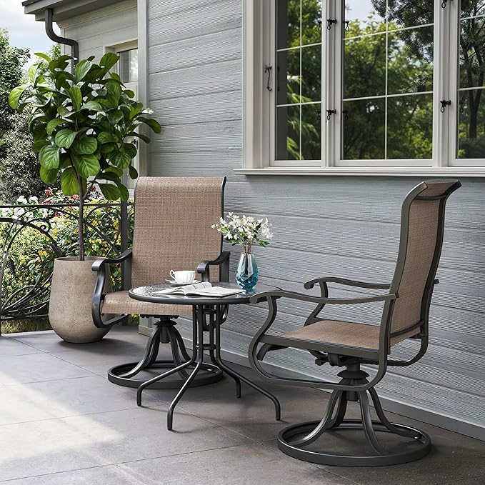 Amopatio Patio Swivel Chairs Set of 2, Outdoor Swivel Rocker Dining Chairs with All Weather Textilene High Back & Metal Frame, for Backyard Deck Lawn Garden, Brown
