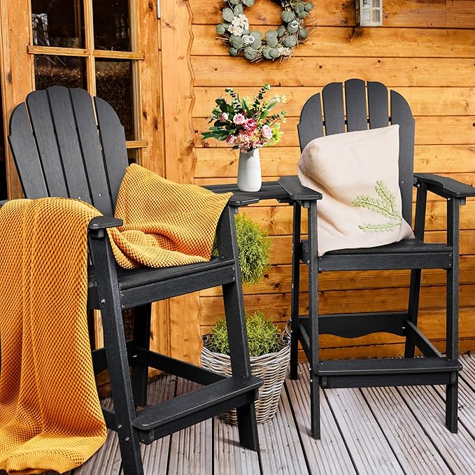 FRUITEAM Adirondack Chairs Set of 2, Recycled Poly Adirondack Chair Balcony Chair with Connecting Table, Weather-Resistant Outdoor Bar-Height Tall Adirondack Chairs for Patio, Pool, Yard, Lawn