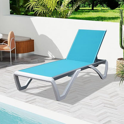 Domi Outdoor Lounge Chair, Aluminum Lounge Chair for Outside with 5 Position Adjustable Backrest, Outdoor Chaise Lounge for Beach, Yard, Balcony, Poolside(1 Turquoise Blue Chair W/O Table)