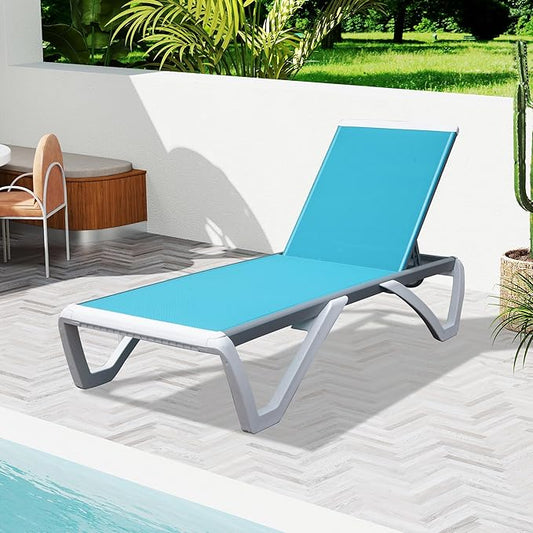 Domi Outdoor Lounge Chair, Aluminum Lounge Chair for Outside with 5 Position Adjustable Backrest, Outdoor Chaise Lounge for Beach, Yard, Balcony, Poolside(1 Turquoise Blue Chair W/O Table)