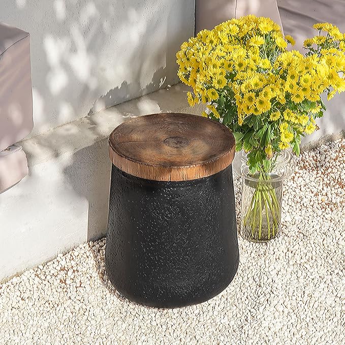 COSIEST Drum End Table Cylinder Shaped Concrete Side Table Faux-Wood Top, Black Outdoor Accent Table with Tree Trunk Slice Hand Painted, Accent Stool