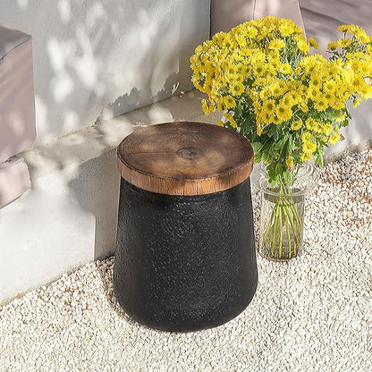 COSIEST Drum End Table Cylinder Shaped Concrete Side Table Faux-Wood Top, Black Outdoor Accent Table with Tree Trunk Slice Hand Painted, Accent Stool
