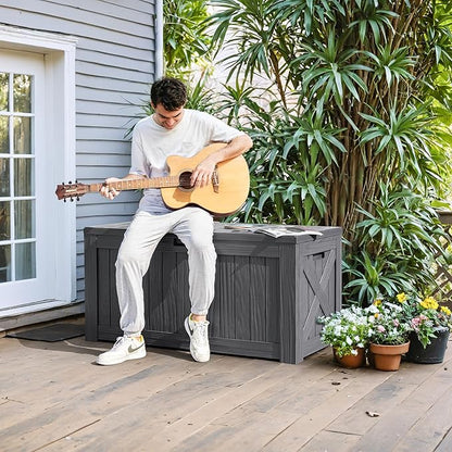 Greesum 120 Gallon Deck Box, Resin Outdoor Storage Container for Patio Furniture, Garden Tools, Pool Accessories, Weatherproof, Lockable, Gray