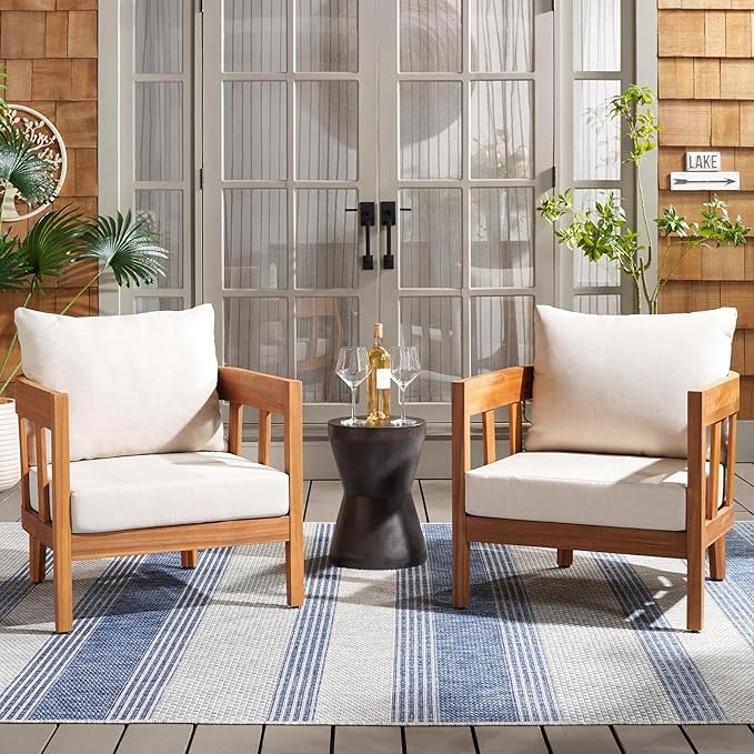 SAFAVIEH Outdoor Collection Owen Natural Brown/Taupe Cushion Solid Wood Chair Set of 2 - Photo 2
