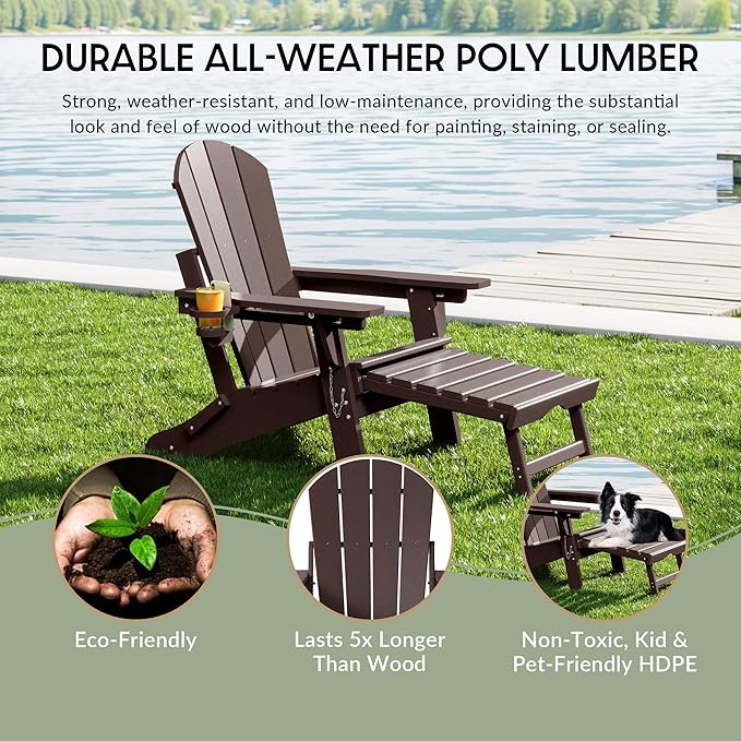WestinTrends Malibu Folding Adjustable Adirondack Chair with Retractable Ottoman and Cup Holder (Set of 2), Dark Brown - Photo 6