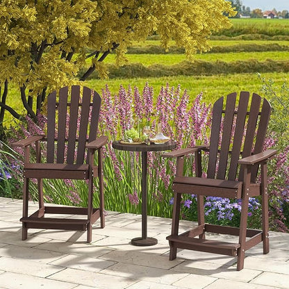 Tangkula Outdoor Bar Stool, HDPE Tall Adirondack Chair with Armrest & Footrest, Weather Resistant 47 Inch Counter Height Barstool Lifeguard Chair for Pool Deck Patio Garden, Balcony Chairs (1, Brown)