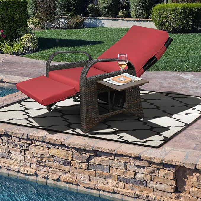 ATR ART TO REAL Outdoor Recliner Chairs, PE Wicker Reclining Lounge Chair with Removable Soft Cushion, Adjustable Outside Recliners for Patio, Porch, Poolside, Balcony, Lawn (Red, 1 PC)