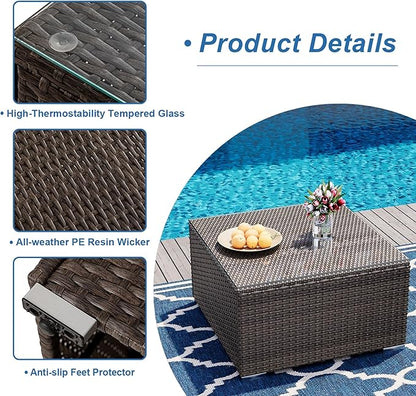 COSIEST Outdoor Furniture Brown Wicker Glass-Top Coffee Table for Expanding Sectional Sofa Set for Garden, Pool, Backyard