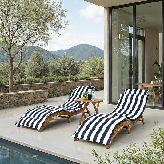 SAFAVIEH Outdoor Collection Pacifica Natural Brown Solid Wood/Navy & White Stripe Cushion 3-Piece Chaise Lounge Set with Table (PAT7020F)