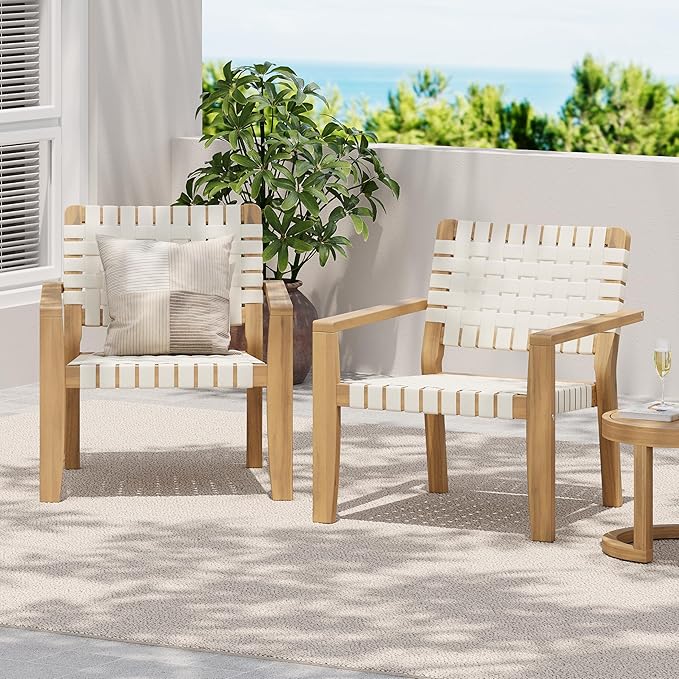 Christopher Knight Home Set of 2 Lena Patio Furniture Acacia Wood Armchair, Woven Rope Outdoor Club Chair, Deep Seating Porch Chairs for Garden, Backyard/Balcony, Light Teak Finish & White