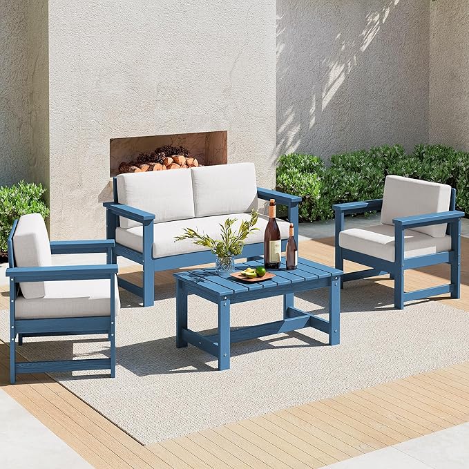 SERWALL 4 Pieces HDPE Outdoor Sofa Set with Cushions, All Weather Use Conversation Couch Set - Photo 1