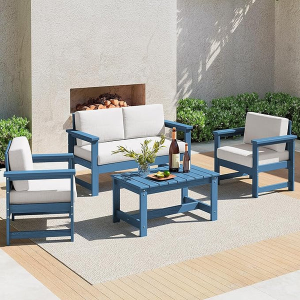 SERWALL 4 Pieces HDPE Outdoor Sofa Set with Cushions, All Weather Use Conversation Couch Set - Photo 1