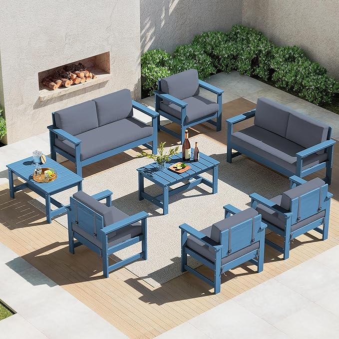 SERWALL 8 Pieces HDPE Outdoor Conversation Sofa Set with Cushion, All Weather Couch Loveseat Furniture Set with Pads - Photo 1