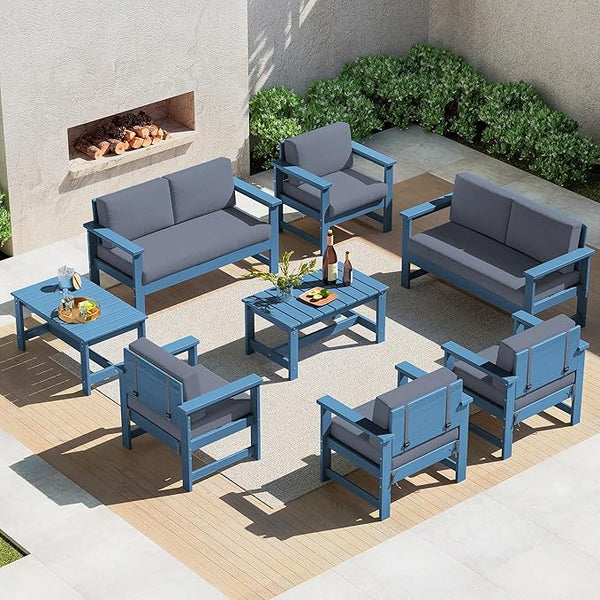 SERWALL 8 Pieces HDPE Outdoor Conversation Sofa Set with Cushion, All Weather Couch Loveseat Furniture Set with Pads - Photo 1