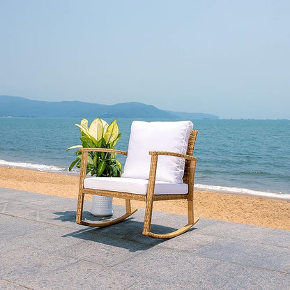 SAFAVIEH Outdoor Collection Daire Woven Natural/White Cushion Rocking Chair for Patio Porch Backyard Sunroom