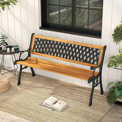 Giantex 49.5" 3-Person Outdoor Bench with Lattice Pattern Backrest, 470 Lbs Capacity, Slatted Seat, Curved Armrests, Cast Iron Metal Bench for Garden, Outside, Patio, Porch, Yard, Park
