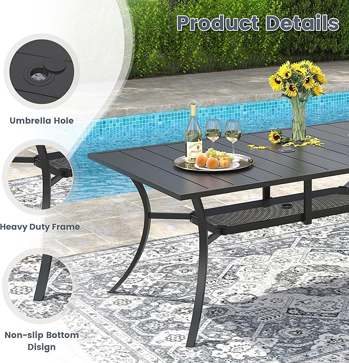 VICLLAX 59" Rectangle Patio Dining Table for 6 Person, Outdoor Metal Slat Table with Umbrella Hole for Porch Backyard Garden Deck, Porch, Black