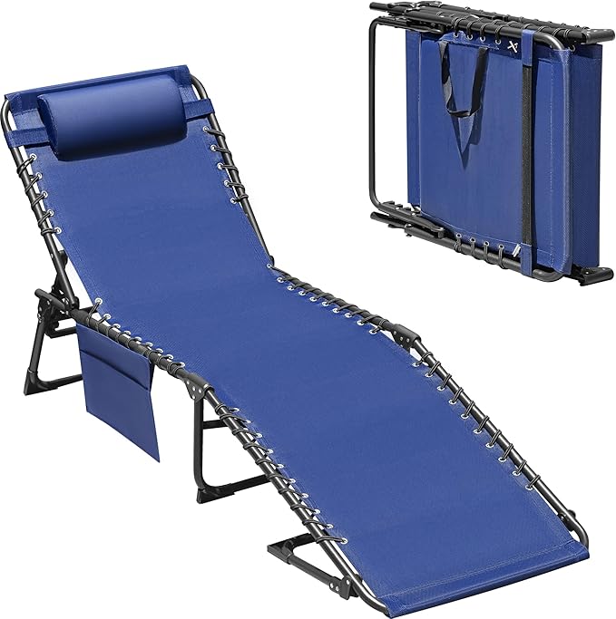 Devoko Lounge Beach Chair for Adults, Outdoor Sun Tanning Chair, Portable Folding Camping Lay Chaise Lounge Chairs for Outside Beach Pool Reading, Sunbathing (1, Blue)