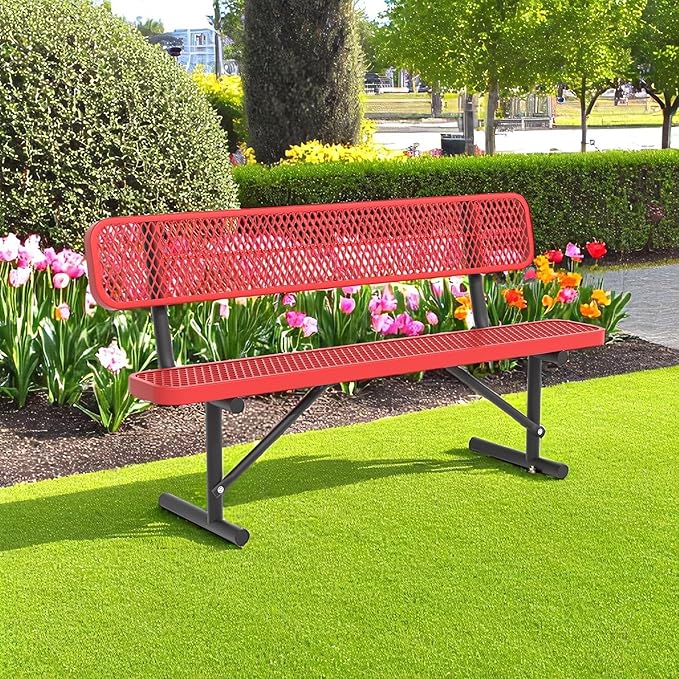 72" Metal Park Benches for Outside - Red Outdoor Benches Heavy Duty Garden Weatherproof Bench with Backrest, Buddy Bench for Schools,Commercial Benches for Shopping Mall, Store, Yard, Patio