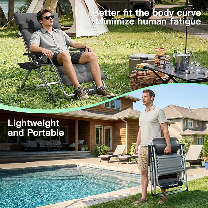 Amopatio Oversized Zero Gravity Chair, XL 29In Reclining Camping Lounge Chair w/Removable Cushion&Headrest - Photo 6