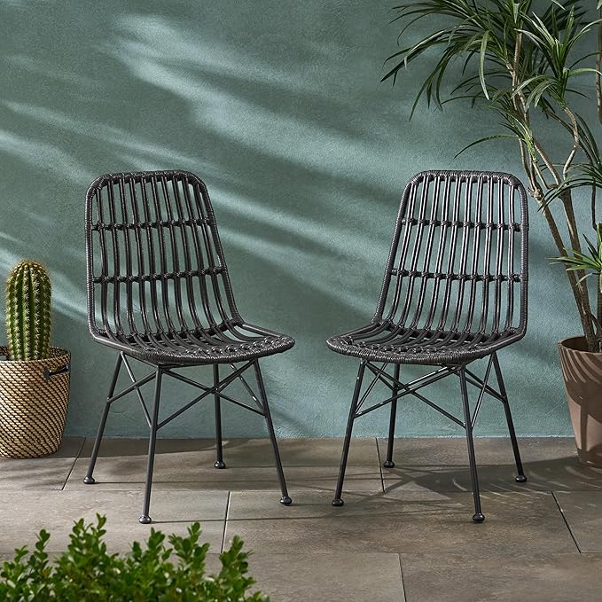 Christopher Knight Home Poppy Rattan Outdoor Dining Chairs Set of 2, Sturdy Metal Frame Patio Dining Chair Set for Backyard/Poolside, Slatted Armless Garden Chair, Sleek Open-Weave Design, Grey