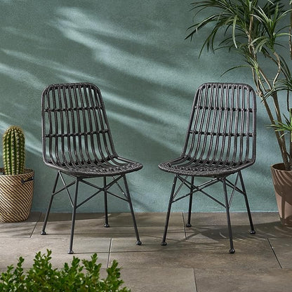 Christopher Knight Home Poppy Rattan Outdoor Dining Chairs Set of 2, Sturdy Metal Frame Patio Dining Chair Set for Backyard/Poolside, Slatted Armless Garden Chair, Sleek Open-Weave Design, Grey