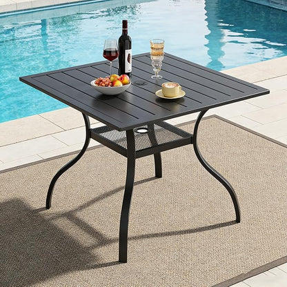 SUNCROWN 37" Black Patio Outdoor Dining Table Metal Steel Slat Square Bistro Table for Porch Deck Garden Backyard Poolside, 1.57" Umbrella Hole