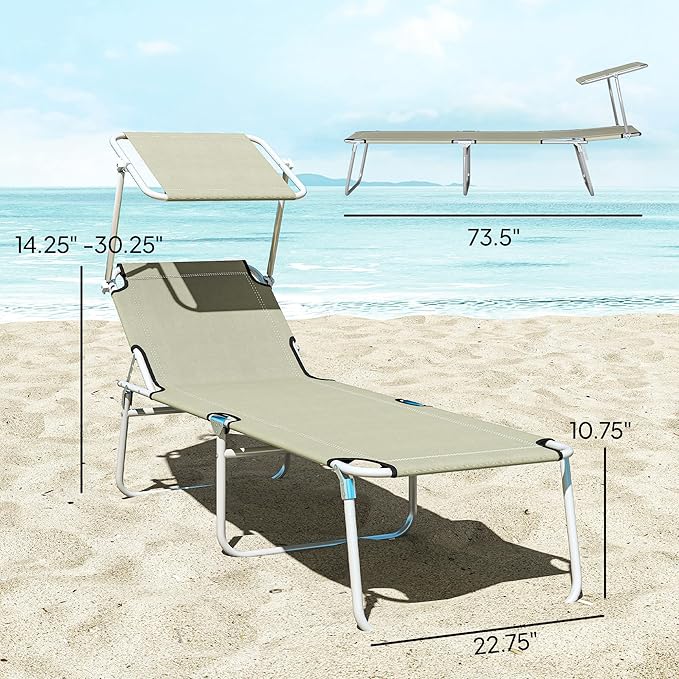 Outsunny Outdoor Lounge Chair, Adjustable Folding Chaise Lounge, Tanning Chair with Sun Shade for Beach, Camping, Hiking - Photo 7