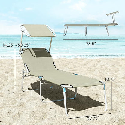 Outsunny Outdoor Lounge Chair, Adjustable Folding Chaise Lounge, Tanning Chair with Sun Shade for Beach, Camping, Hiking, Backyard, Cream White