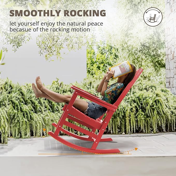 LUE BONA Rocking Chair Outdoor, Weather Resistant Poly Plastic Rocker Chairs, 350lb Heavy Duty, Oversized Porch Rocker for Adult, High Back Smooth Rocking Chairs for Outdoor & Indoor, Bright Red