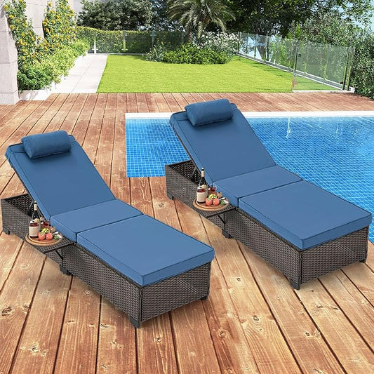 HOMREST PE Wicker Chaise Lounge Chairs Set of 4,Adjustable 5 Position Outside Rattanr Patio Pool Chair with Headrest,Cushion and Storage Rack for Poolside Backyard Porch,(Blue)