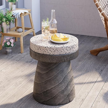 HOMPUS Outdoor Side Table with Imitation Terrazzo Desktop - Lightweight Mushroom Shape End Table, MgO Patio Accent, Unique Plant Stand, Concrete Coffee for Indoor Outdoor Use, Grey