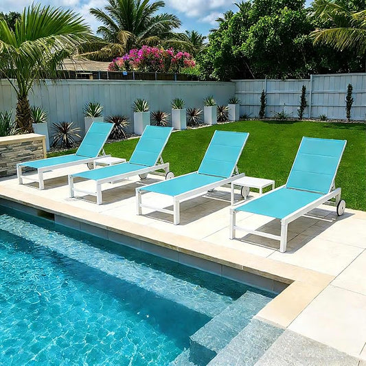 PURPLE LEAF Outdoor Chaise Lounge Set Elderly-Friendly Straight Legs Adjustable Sunbathing Recliner with Side Table for Back Support Poolside Beach Patio Lounge Chairs Blue 2 Sets