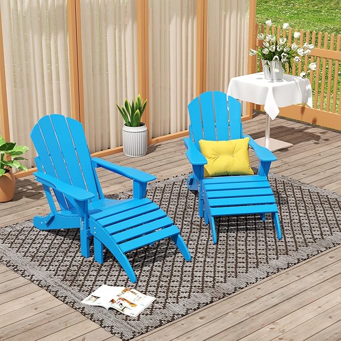 WO Home Furniture Adirondack Chair Outdoor Ottoman Set of 2 PCS Classic Patio Furniture (Pacific Blue)