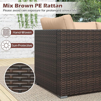 Tangkula 3 Seat Outdoor Wicker Sofa Set, Modular PE Rattan Patio Cushioned Sectional Couch Set, Outside Furniture Set for Deck, Backyard, Porch, Garden & Poolside (Brown-Beige)