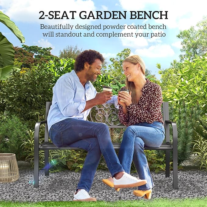 Outsunny 50" Outdoor Bench, Metal Garden Bench with Floral Pattern Backrest, Porch Bench with Slatted Seat for Park, Yard, Lawn, Black