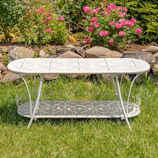 Zaer Ltd. Vintage Style Metal Patio Furniture with Heart Design Accents, Outdoor/Indoor Decor (Distressed White, Coffee Table)