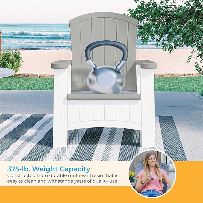 Suncast Outdoor Patio Adirondack Chair with 8 Gallons of Under-Seat Storage, Stylish Faux Wood Outdoor Storage Chair, Dove Gray/Ice Cube, Made in The USA