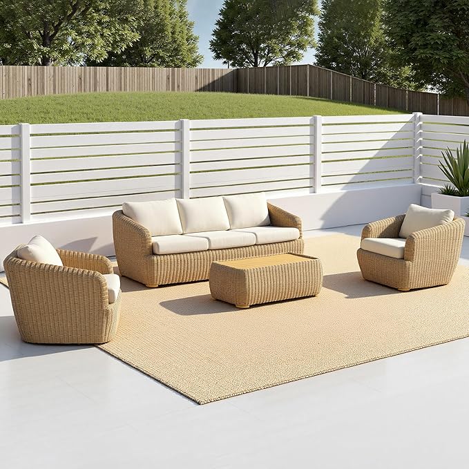 CHITA Wicker Patio Coffee Table, 41” All-Weather Rattan Outdoor Coffee Table with Wood-Grain Metal Top - Photo 5