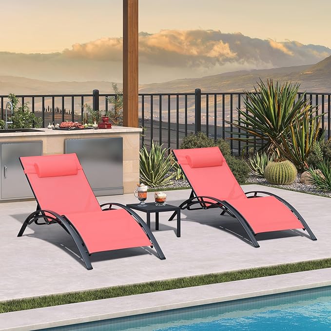 PURPLE LEAF Patio Oversized Chaise Lounge Chair Set with Side Table Poolside Adjustable Recliner Chairs for Outside Beach Outdoor Pool Sunbathing Tanning Lounger, Coral Red
