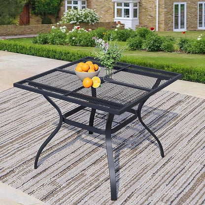 Square Patio Dining Table,All-Weather Metal Steel Mesh Patio Table with Umbrella Hole,Outdoor Dining Table for Lawn Garden Porch, Black