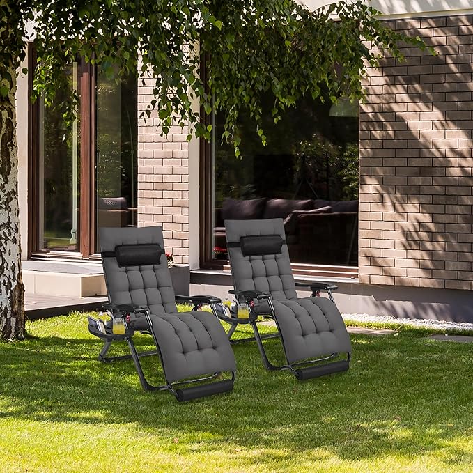 Yaheetech 26" Zero Gravity Chair Folding Reclining Lounge Recliner with Removable Pad & Headrest & Side Cup Holder Tray for Indoor and Outdoor Dark Gray/1