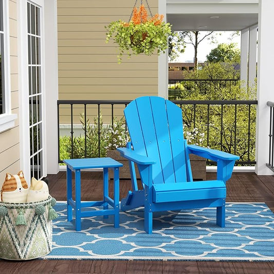 WestinTrends Malibu 2-Pieces Adirondack Chair Set with Side Table, All Weather Outdoor Seating Plastic Patio Lawn Chair Folding for Outside Porch Deck Backyard, Pacific Blue