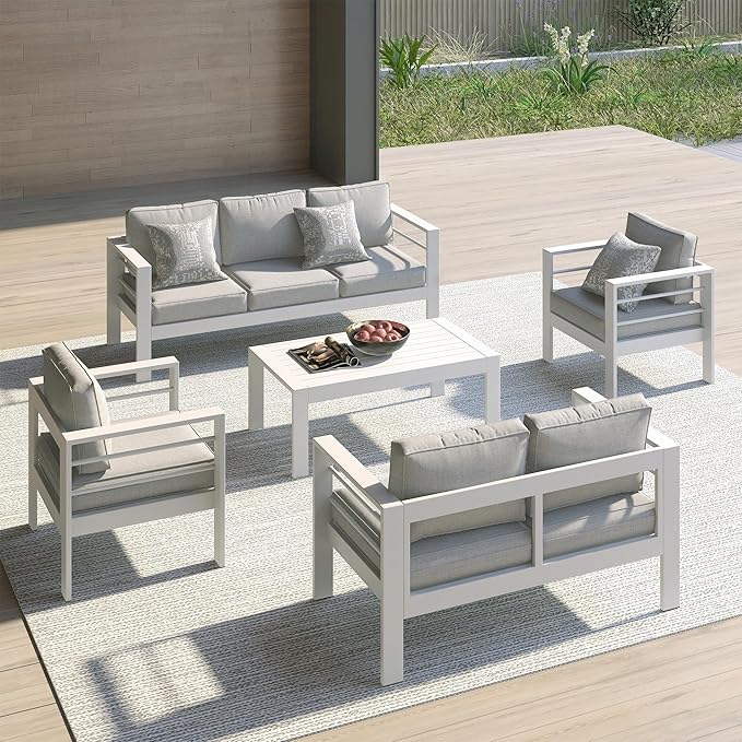 All-Weather Aluminum Outdoor Coffee Table, Modern Rectangle Patio Coffee Table for Balcony Garden, Light Grey