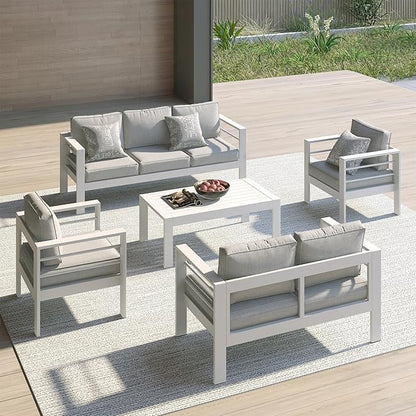 All-Weather Aluminum Outdoor Coffee Table, Modern Rectangle Patio Coffee Table for Balcony Garden, Light Grey