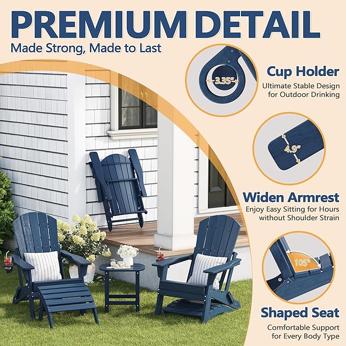 Adirondack Chair with Ottomans Set of 5, HDPE All-Weather Outdoor Footrest - Photo 6