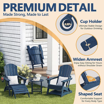 Adirondack Chair with Ottomans Set of 5, HDPE All-Weather Outdoor Footrest, Indoor Outdoor Use on High Back Garden Porch Lounger(Navy Blue)