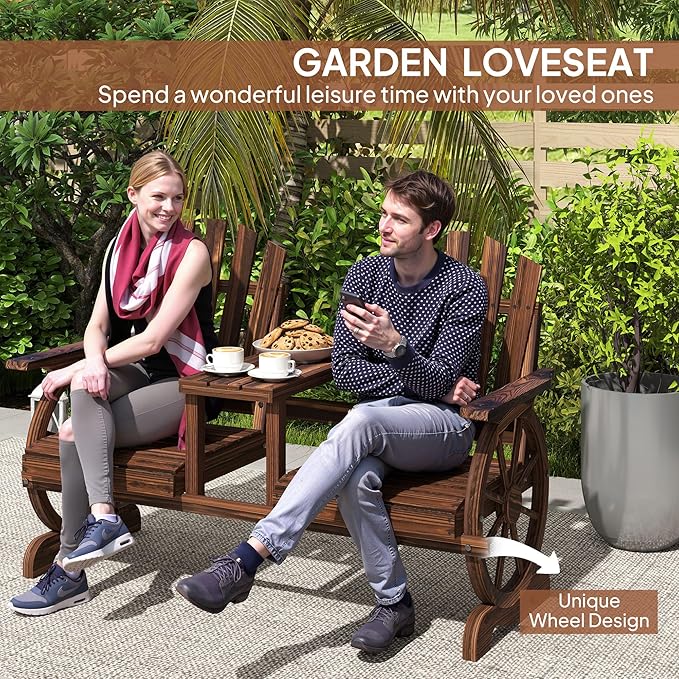 Outsunny Wooden Garden Bench with Table, Umbrella Hole, 2-Seat Wagon Wheel Outdoor Bench with Slatted Seat, High Backrest, Armrests for Backyard, Patio, Garden, Carbonized