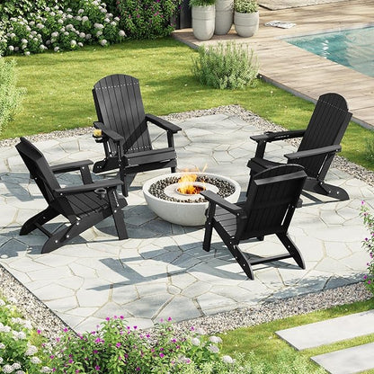 HDPE Foldable Adirondack Outdoor Chair Set of 4 with Cup Holder, Weather Resistant Heavy-Duty Patio Chair for Patio, Backyard, Deck, Fire Pit, Lawn and Porch, Black