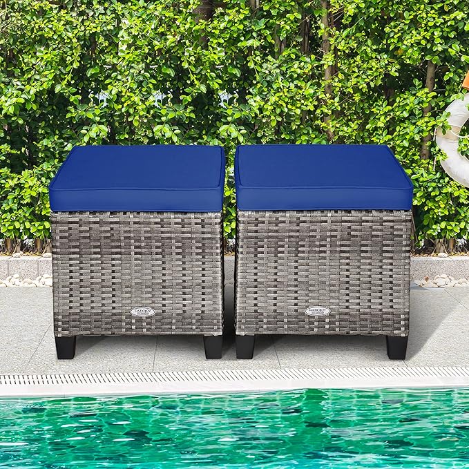 Tangkula 2 Pieces Patio Rattan Ottomans, Outdoor Wicker Footstool Footrest Seat with Soft Cushions and Steel Frame - Photo 4